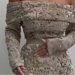 JLUXLABEL Sequin Off-Shoulder Body Suit in Gold